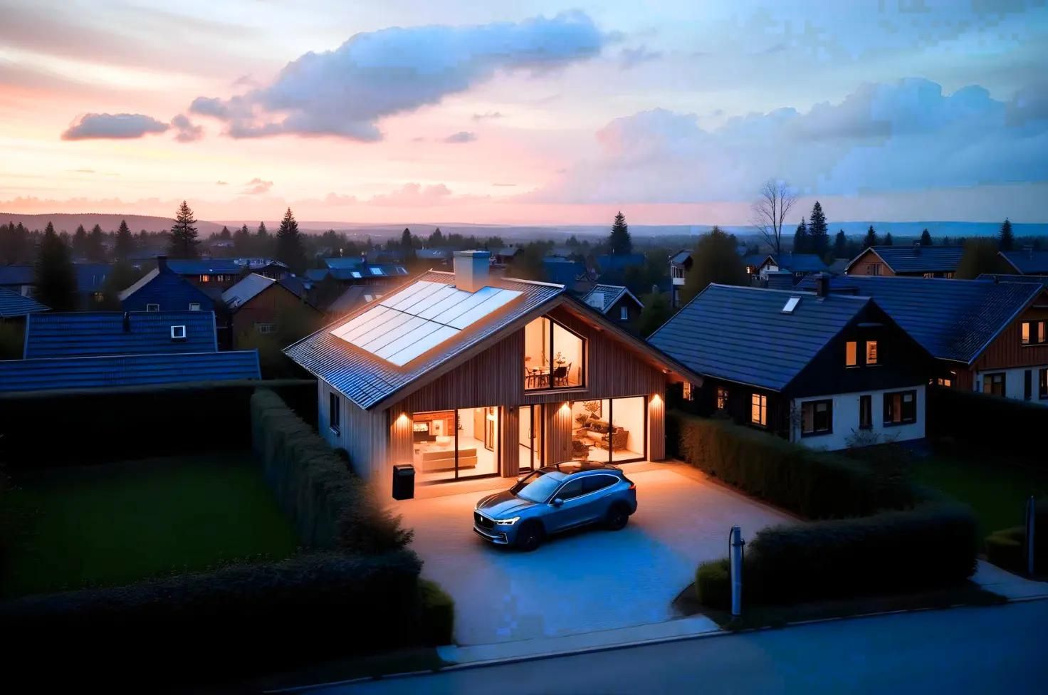 Hus med solpaneler, batteri och laddbox till elbilen