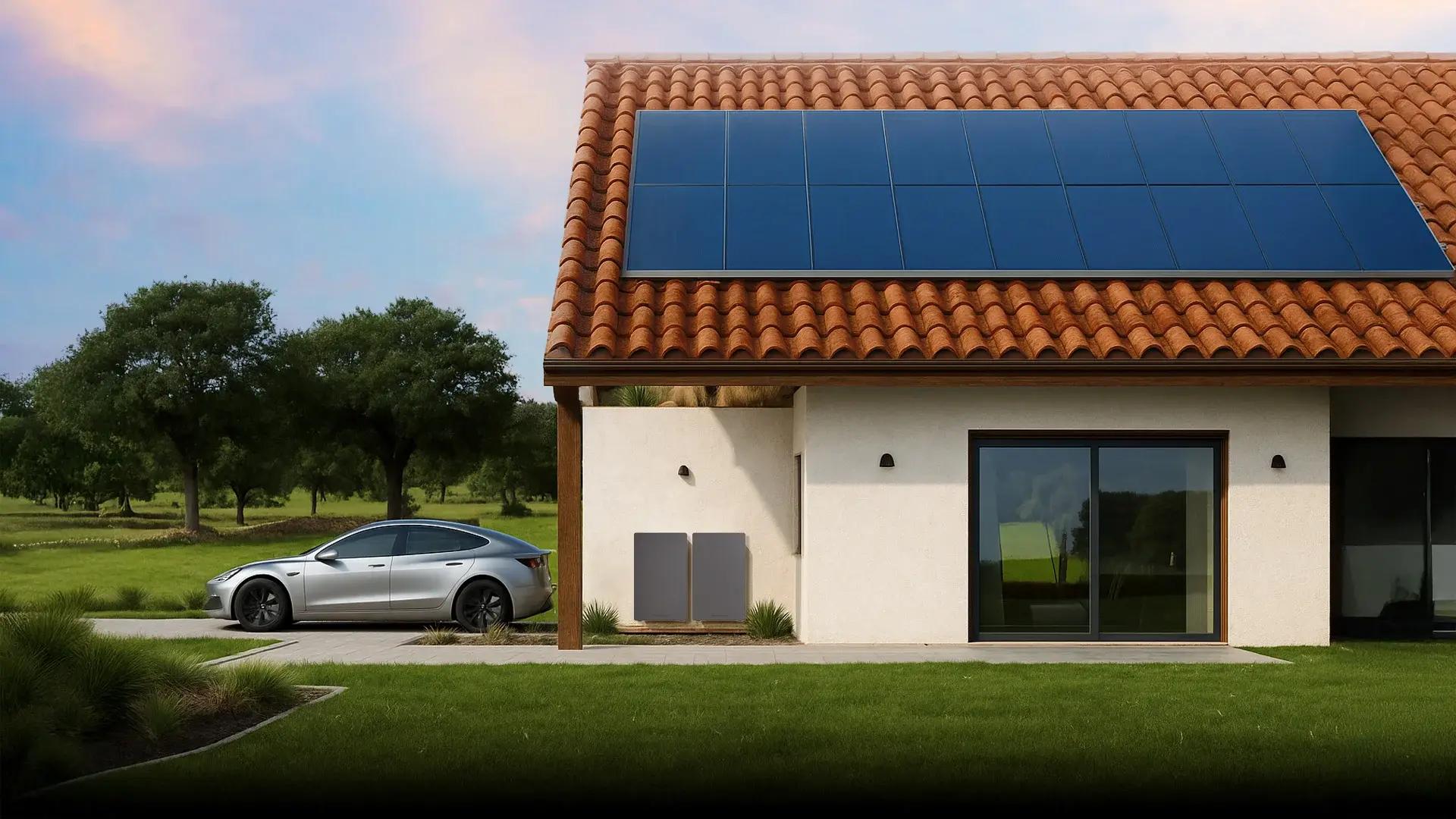 vivienda con paneles solares y batería